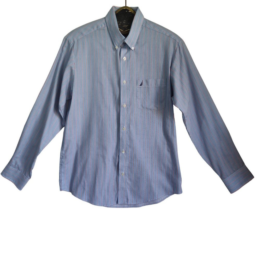 NAUTICA Preppy Button Down Stripe Sailboat Logo Cotton Blend Poplin Shirt Sz M